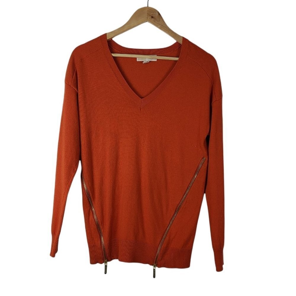 Michael Kors Orange Gold Zippers Sweater V-Neck